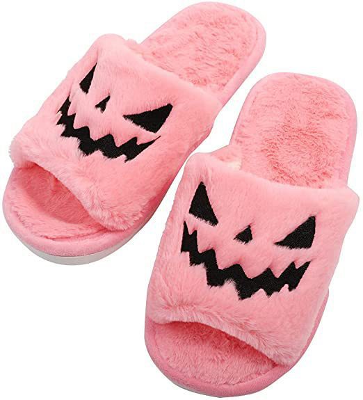 pumpkin faced halloween furry multi color slippers