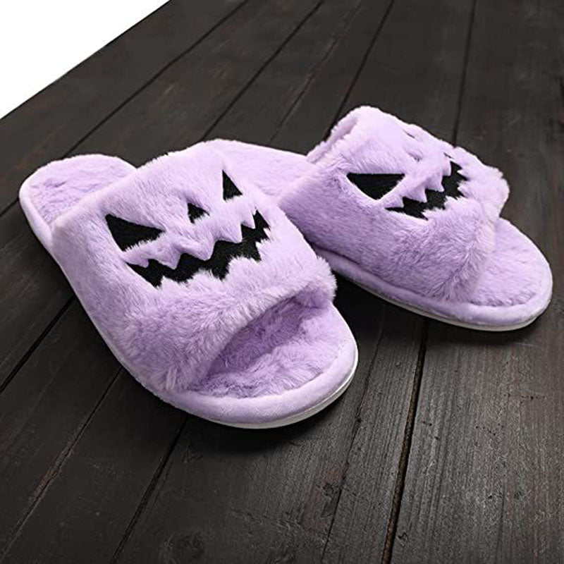 pumpkin faced halloween furry purple slippers for parties