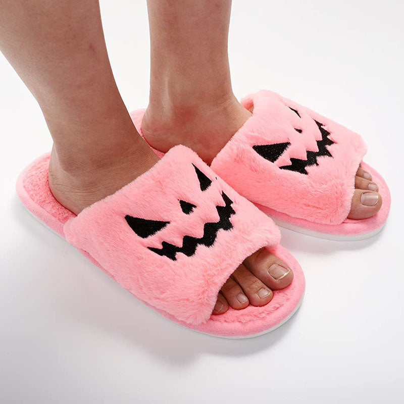 halloween pumpkin faced furry cute slippers