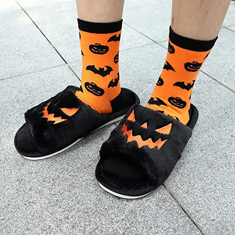 halloween pumpkin faced black slipper for men and women