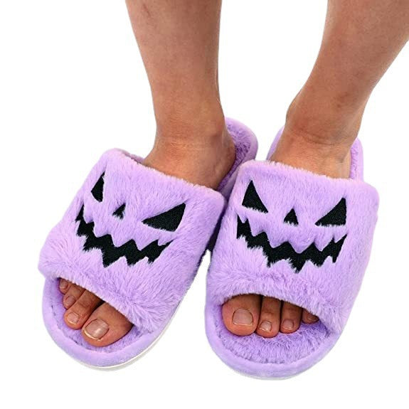 pumpkin faced halloween furry multi color slippers