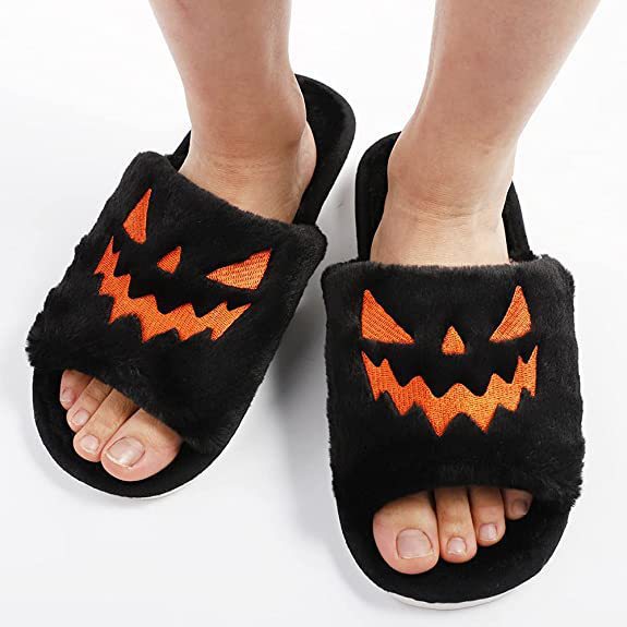 pumpkin faced halloween furry multi color slippers