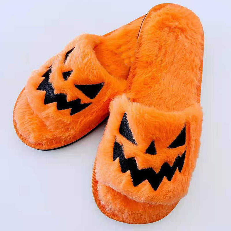 pumpkin faced halloween furry orange slippers