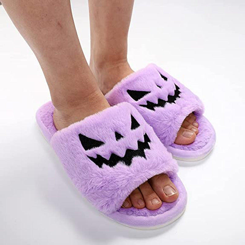 pumpkin faced  halloween furry purple slippers